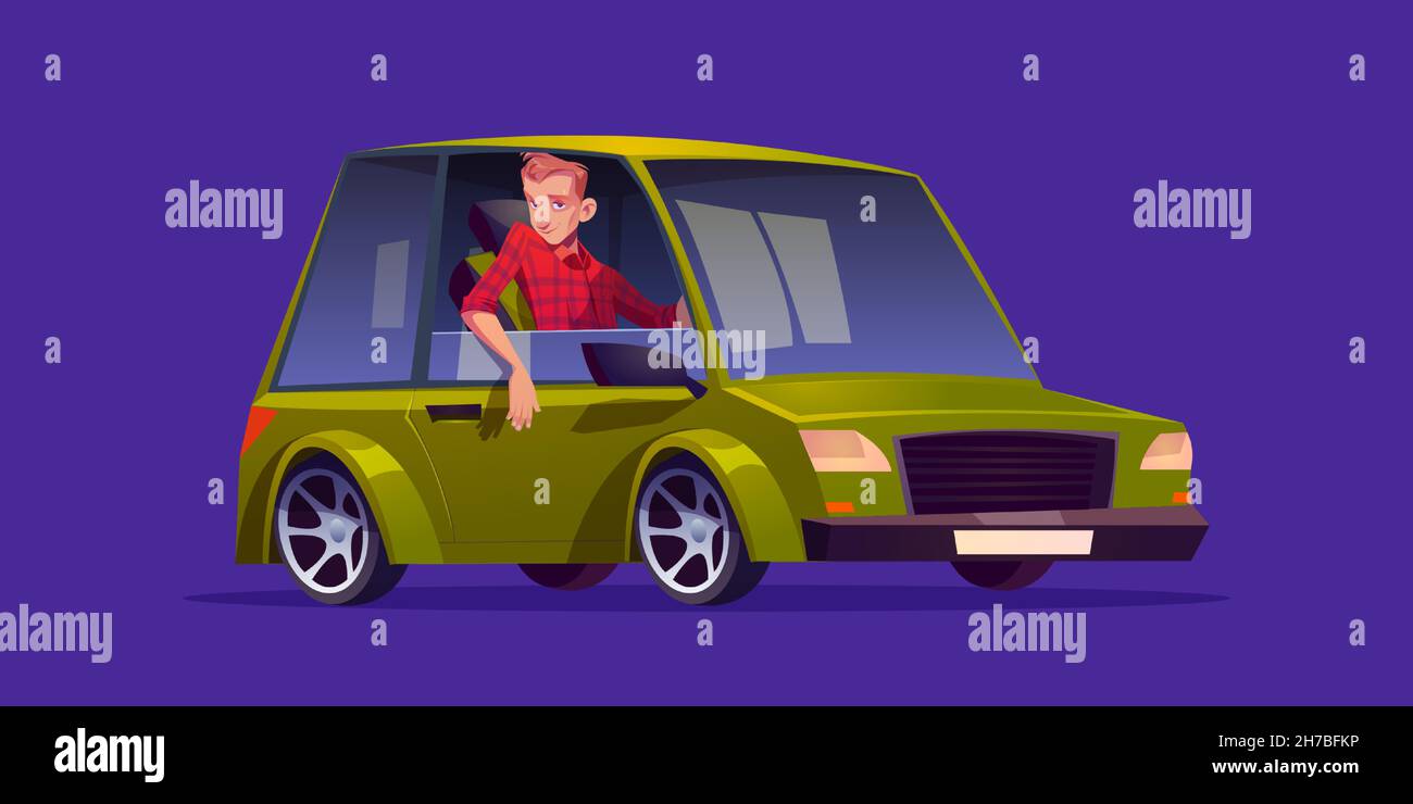 Man sitting in the car, driver cartoon character wear red chequered shirt sitting at green sedan automobile helm looking through open window. Isolated male personage, vehicle owner Vector illustration Stock Vector