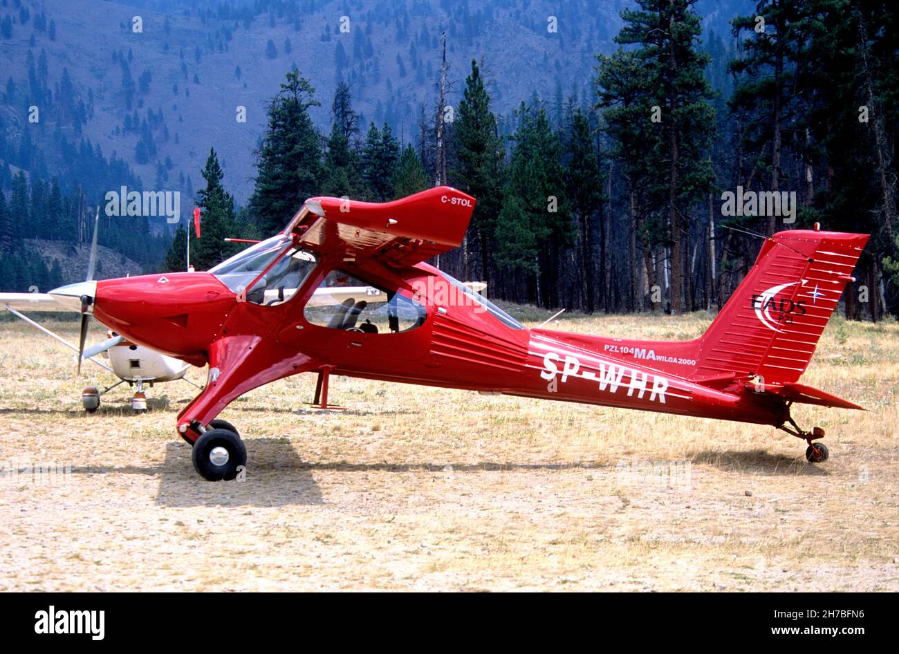 PZL-104 Wilga aircraft parked at a backcountry airstrip in central Idaho Stock Photo