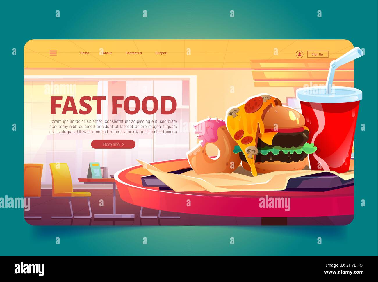 Fast food cartoon landing page, junk meals burger, pizza slice, donut and  cola in red cup stand on plastic tray in takeaway fastfood restaurant, cafe  or bistro interior, combo menu Vector web