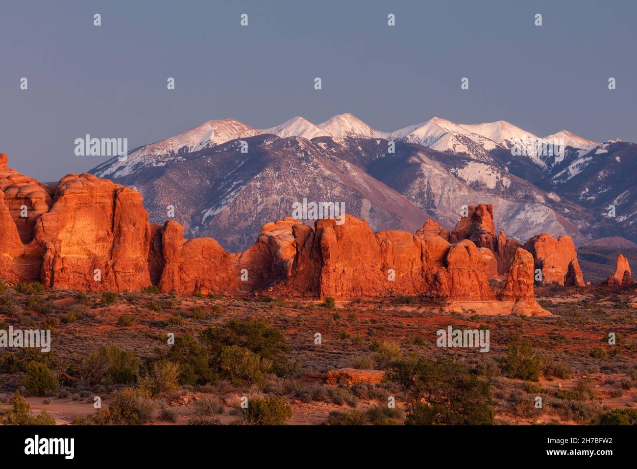 Evening light and the La Sal Mountains, Arches National Park, Utah Stock Photo