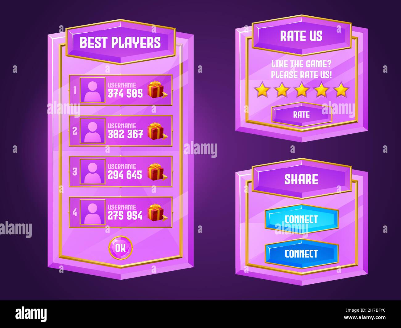 Diamond game menu, gamer ui panel with buttons, pink cartoon crystal interface with gui elements. Best players, rate us, share and connect boards with user profiles, rating stars isolated vector set Stock Vector