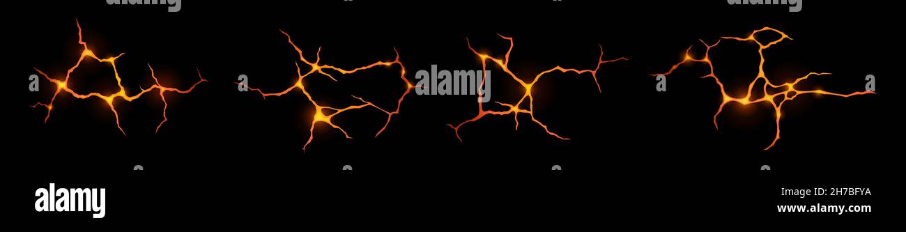 Ground cracks with lava, hot molten magma in breaks on land surface. Vector realistic set of fissure in ground from volcano or earthquake, fractures with liquid lava isolated on black background Stock Vector
