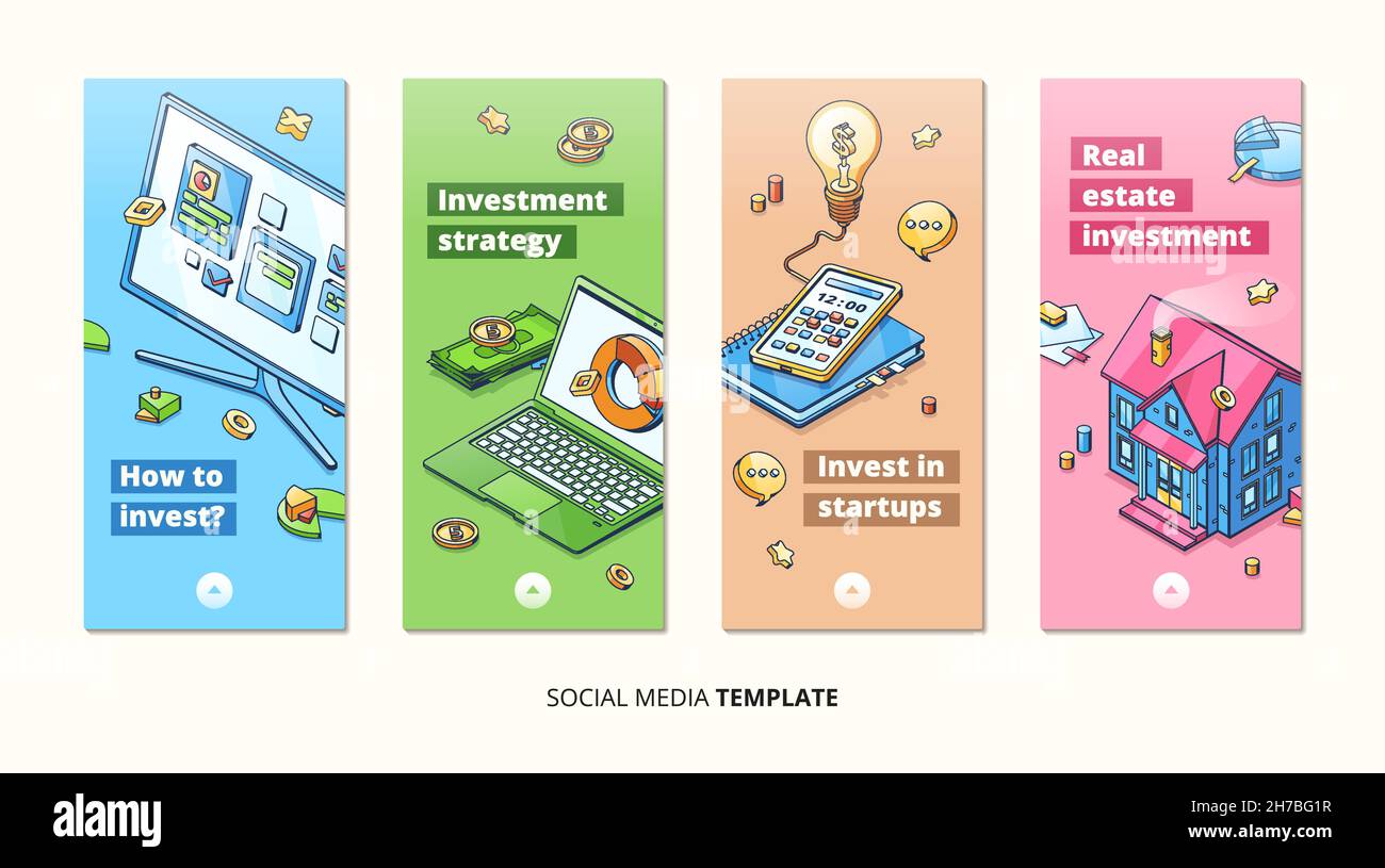 Investment strategies, invests in startup isometric cards. Laptop and