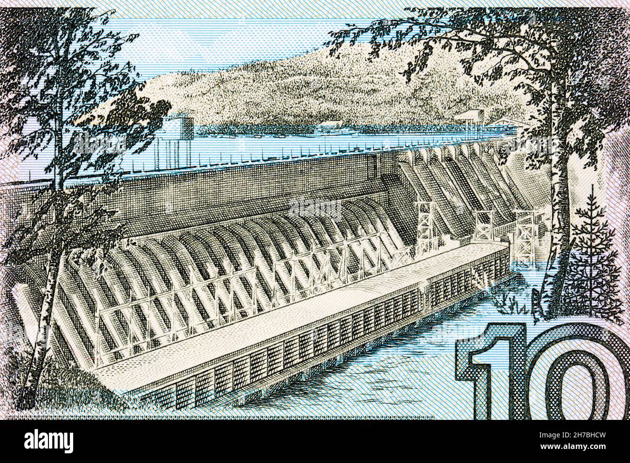 Hydroelectric power plant in Krasnoyarsk from Russian money Stock Photo