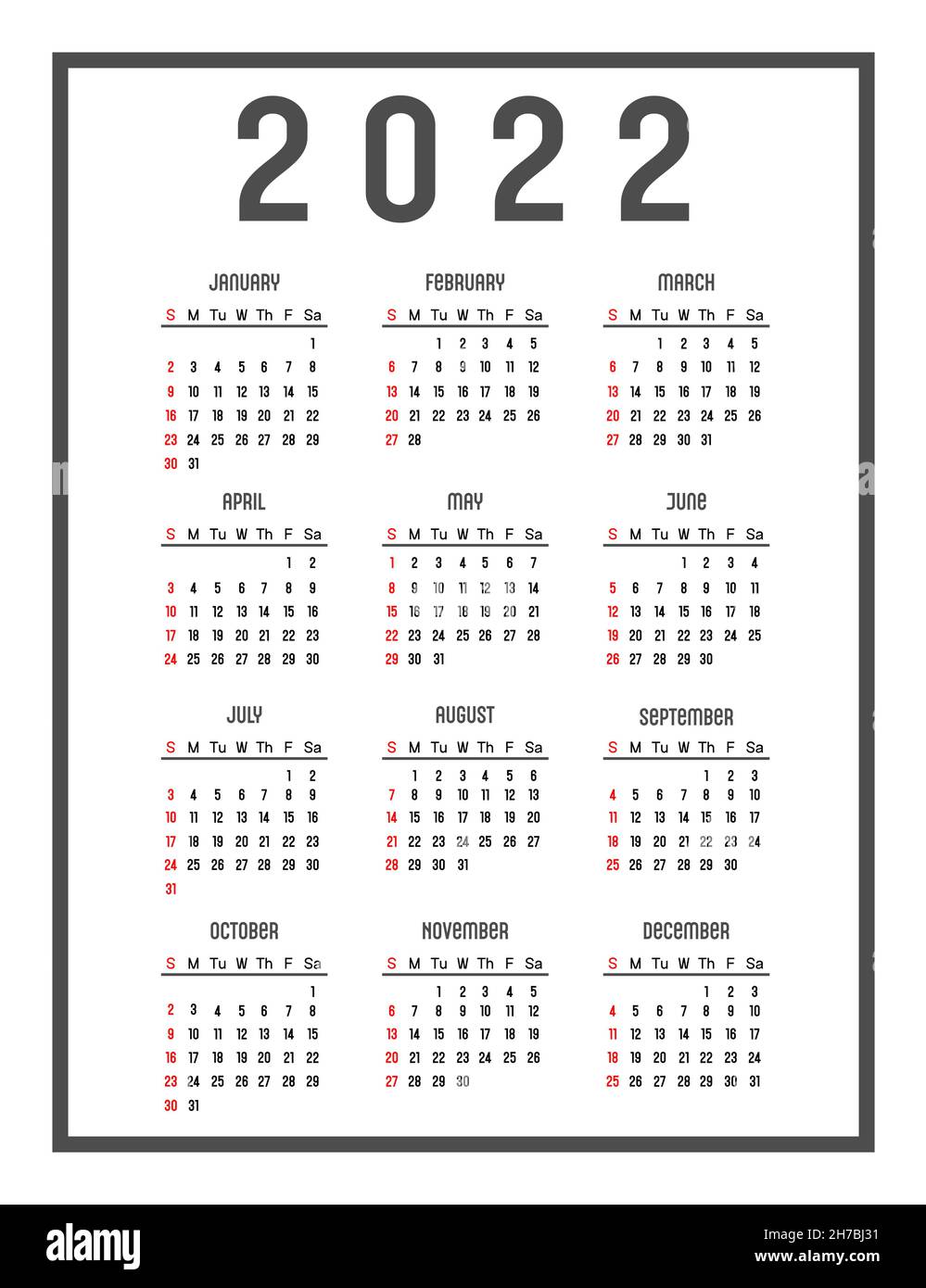 Calendar 2022 The Days Of The Week Are At The Top Stock Vector Image & Art - Alamy