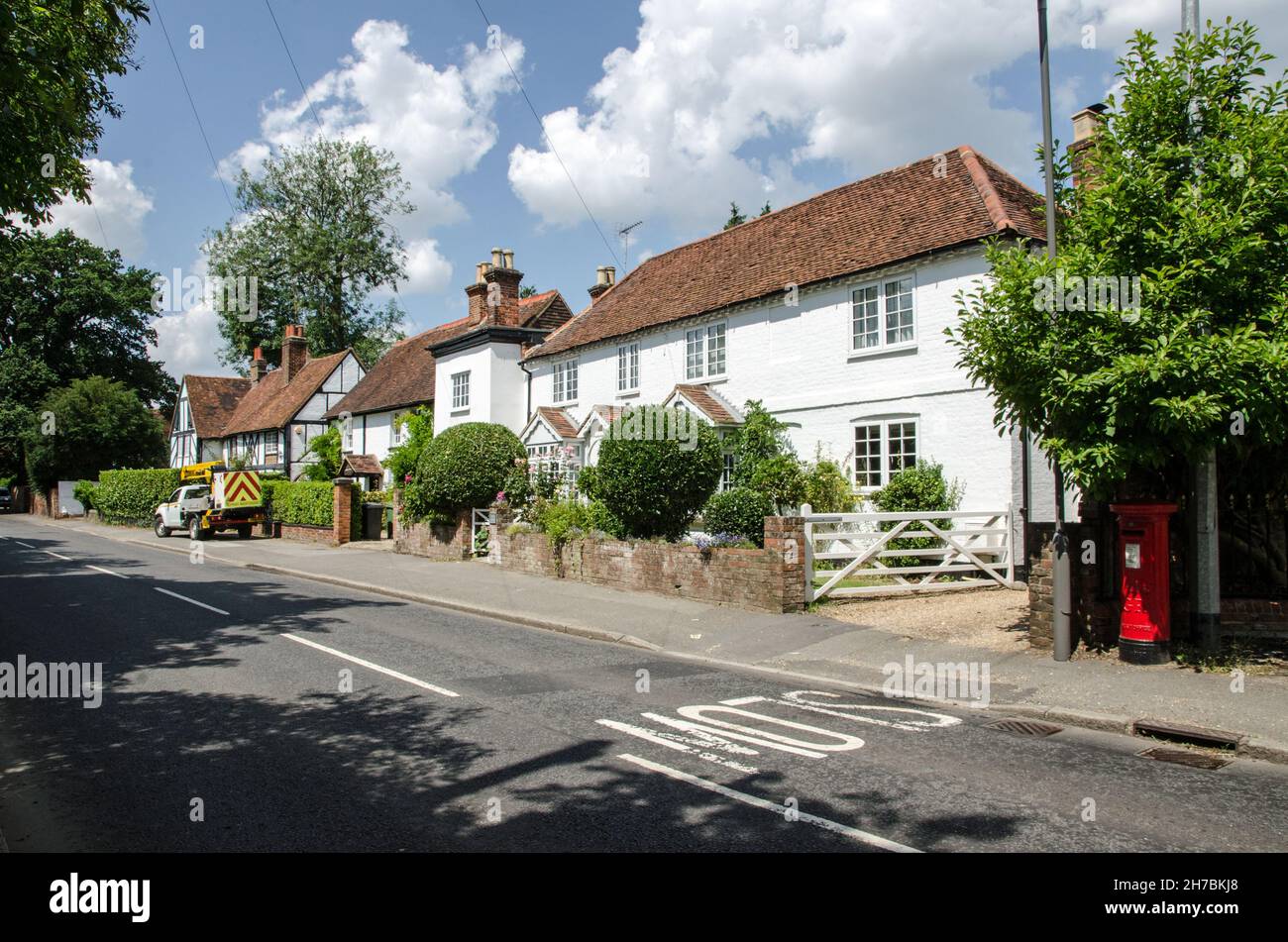 Historic buildings in the village of Well End in Buckinghamshire on a