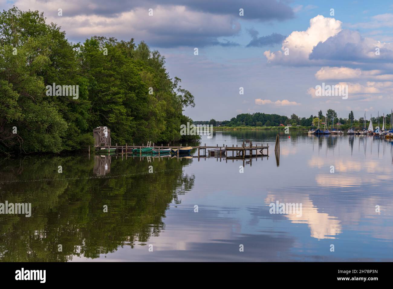 Steinhude, Lower Saxony, Germany - June 08, 2020: View at the Steinhuder Meer with a jetty and the marina near the bathing island Stock Photo