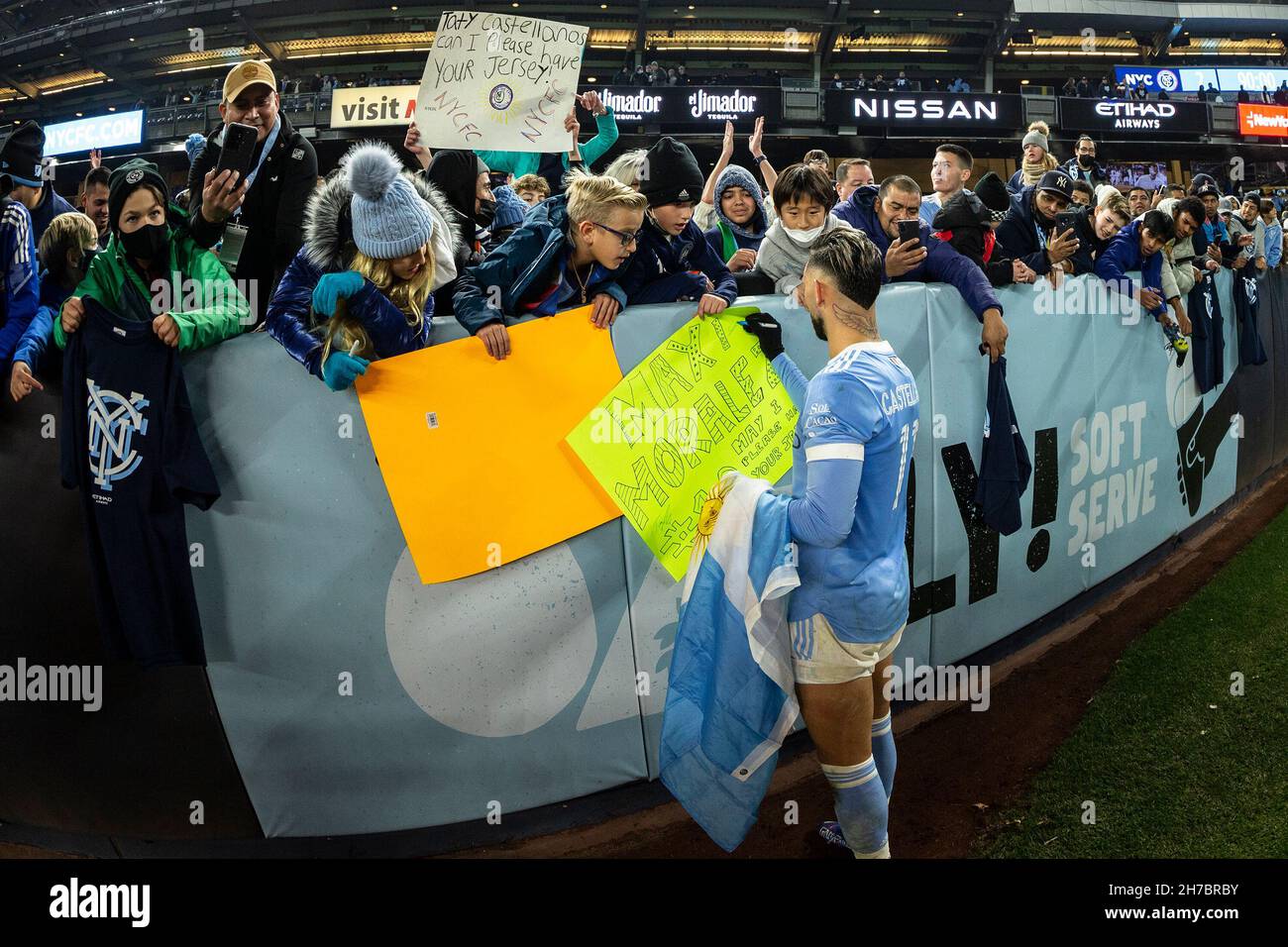 New York, United States. 22nd Nov, 2021. Valentin Castellanos of NYCFC signs autographs for fans after first round game of MLS Cup versus Atlanta United on Yankee stadium. NYCFC won 2 - 0 and progressed to semifinal of MLS Cup. They will play New England Revolution for the place in Eastern Conference final. (Photo by Lev Radin/Pacific Press) Credit: Pacific Press Media Production Corp./Alamy Live News Stock Photo