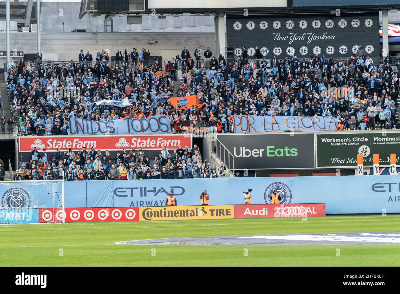 New York, United States. 21st Nov, 2021. Fans of NYCFC fill benches of the first round game of MLS Cup versus Atlanta United on Yankee stadium. NYCFC won 2 - 0 and progressed to semifinal of MLS Cup. They will play New England Revolution for the place in Eastern Conference final. (Photo by Lev Radin/Pacific Press) Credit: Pacific Press Media Production Corp./Alamy Live News Stock Photo
