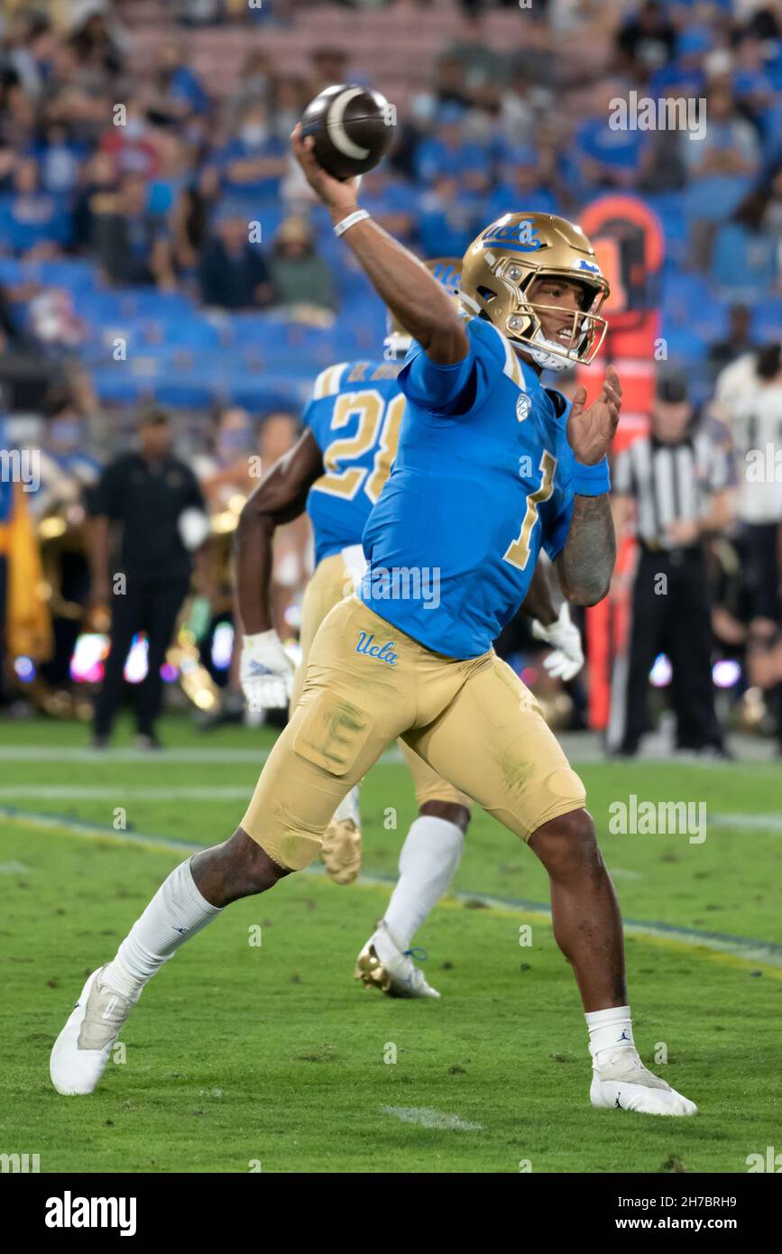 UCLA Bruins quarterback Dorian Thompson-Robinson (1) is flushed out of the pocket during an NCAA college football game against the Colorado Buffaloes. Stock Photo
