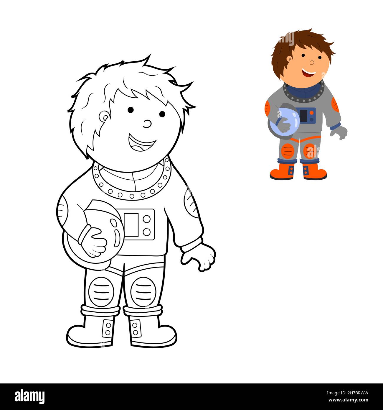 coloring book, color a cartoon illustration of an astronaut in space, vector isolated on a white background. Stock Vector