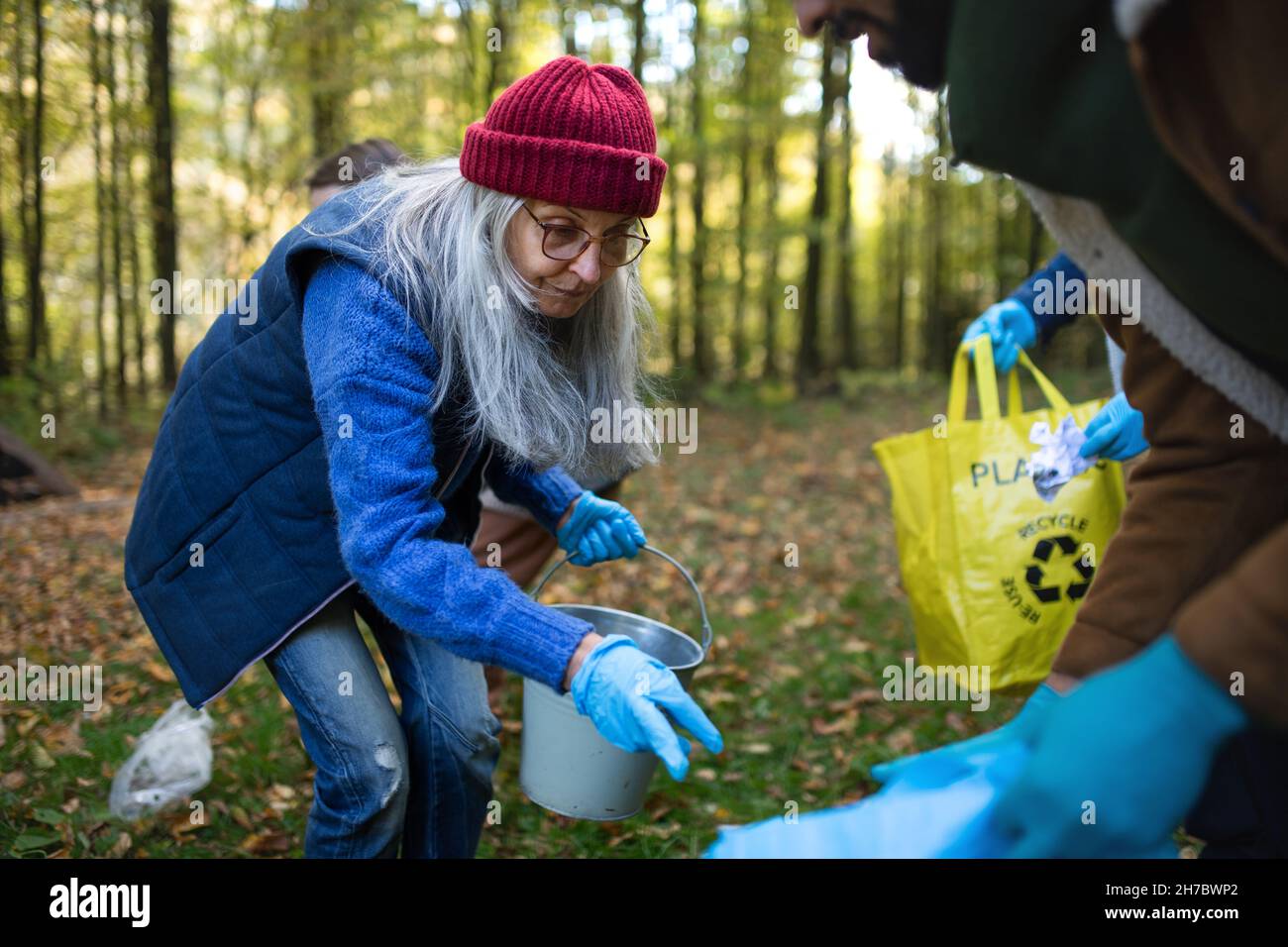 Senior woman volunteer cleaning up forest from waste, community service
