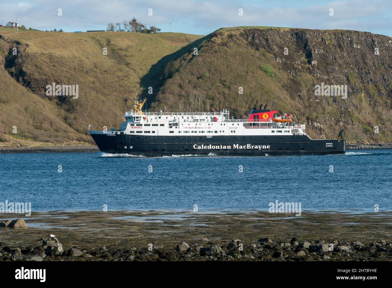 MV Hebrides Caledonian MacBrayne roll on roll off car ferry from Tarbert approaching Uig ferry terminal, Isle of Skye, Scotland, UK. Stock Photo