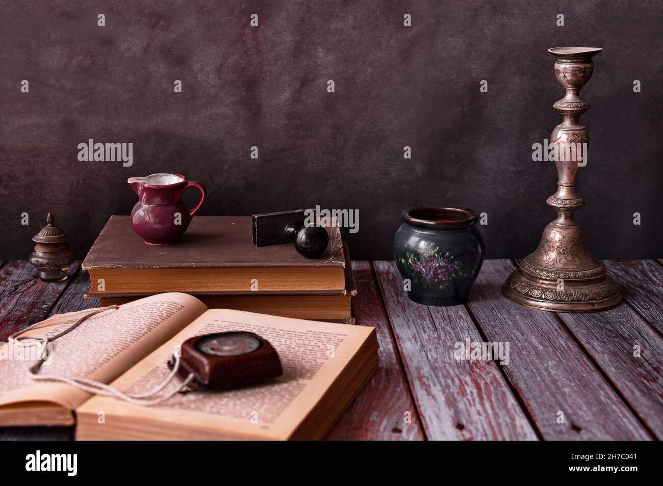 Still life vintage objects on wooden rustic background Stock Photo