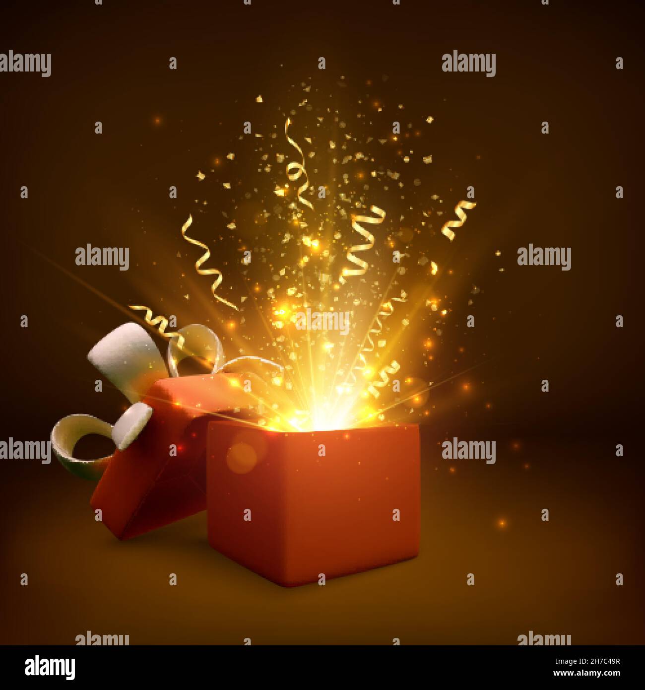 Open gift with fireworks and glitter. Present box decoration design element. Holiday banner with open box. Vector illustration Stock Vector