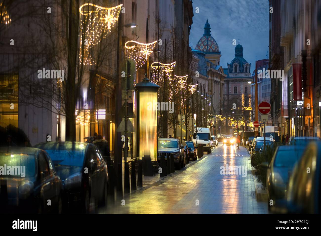 Petőfi Sándor street in Budapest Old town in the rain at night Stock Photo