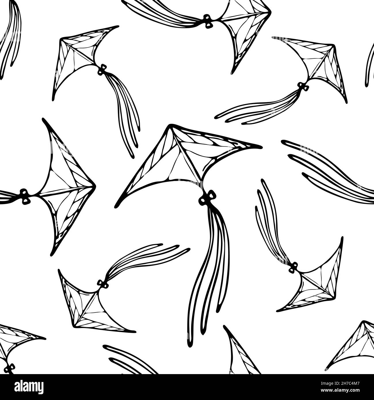 Kite vector seamless pattern doodle, hand drawn, minimalistic, monochrome. Black and white background Stock Vector