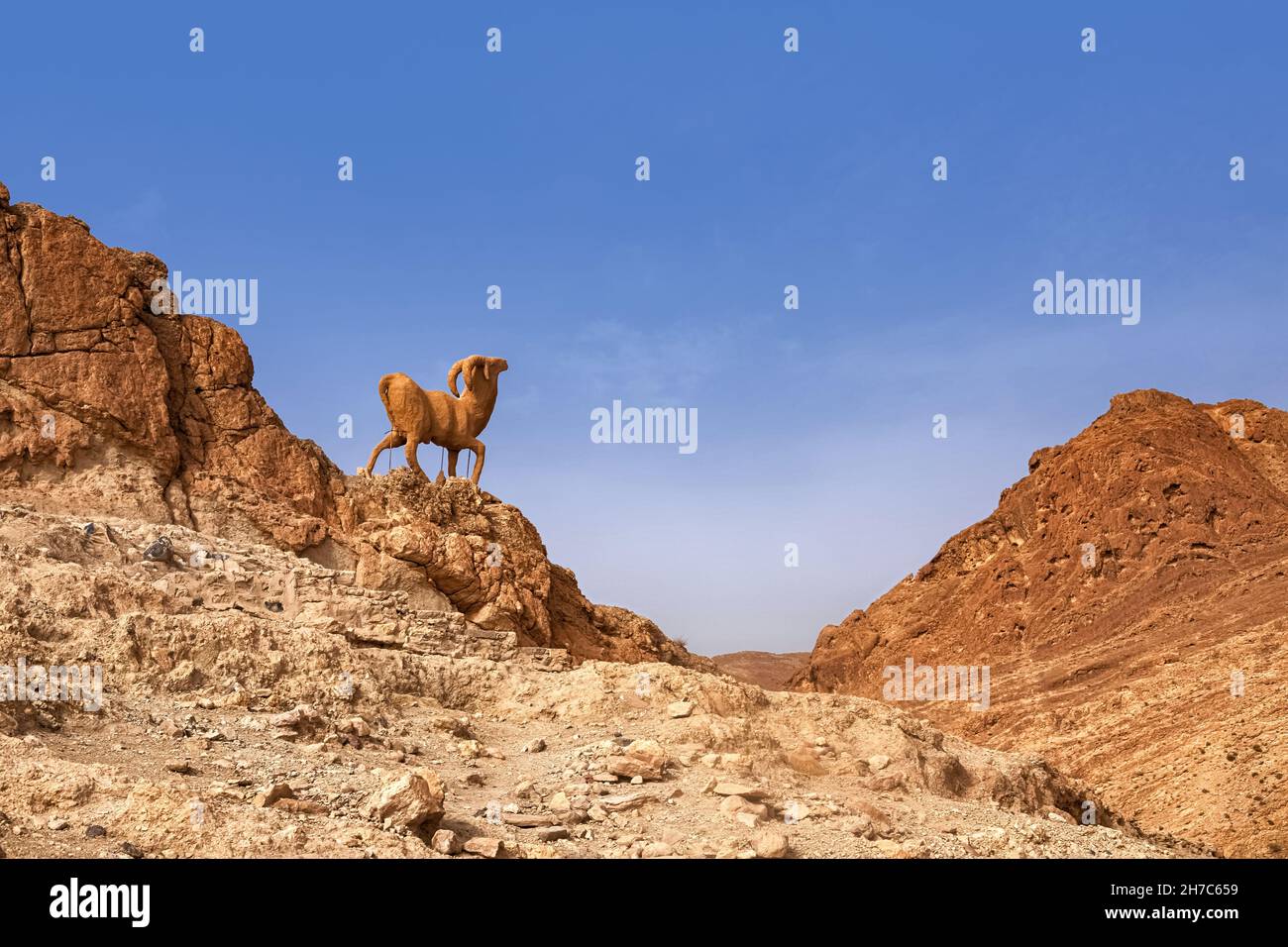 Mountain oasis Chebik, Sahara Desert, mountain peak in the desert with a sculpture of a mountain goat. Tunisia, Africa Stock Photo