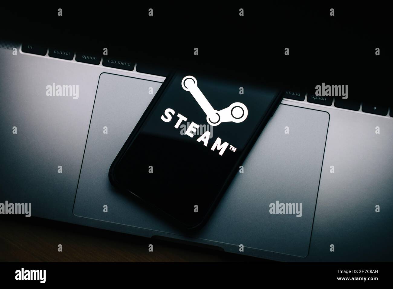 Steam logo on the smartphone screen. Stock Photo