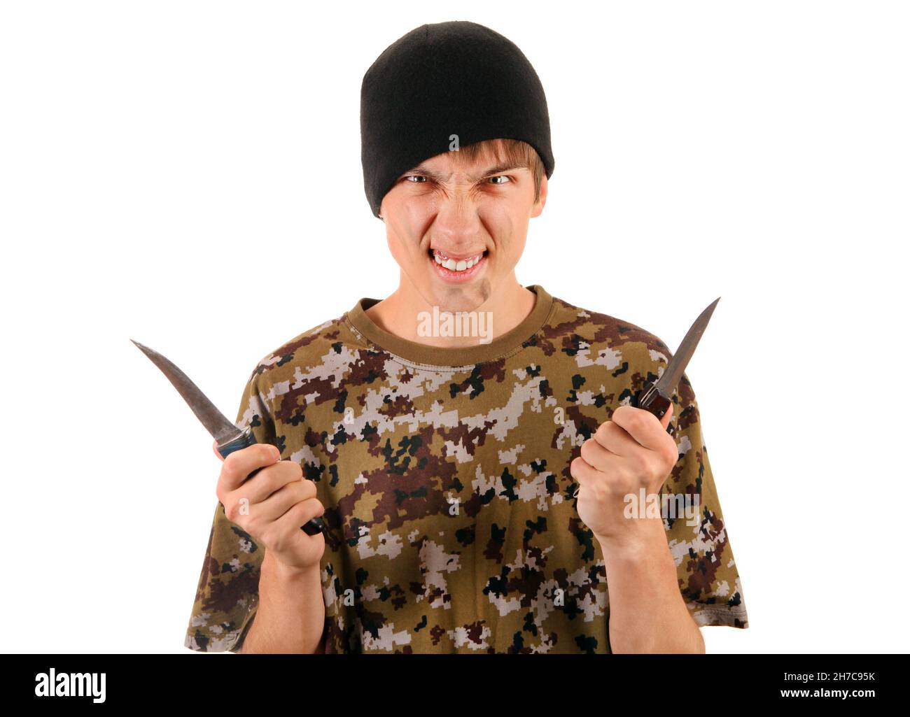 Young Gangster with a Knife Isolated on the White Background Stock