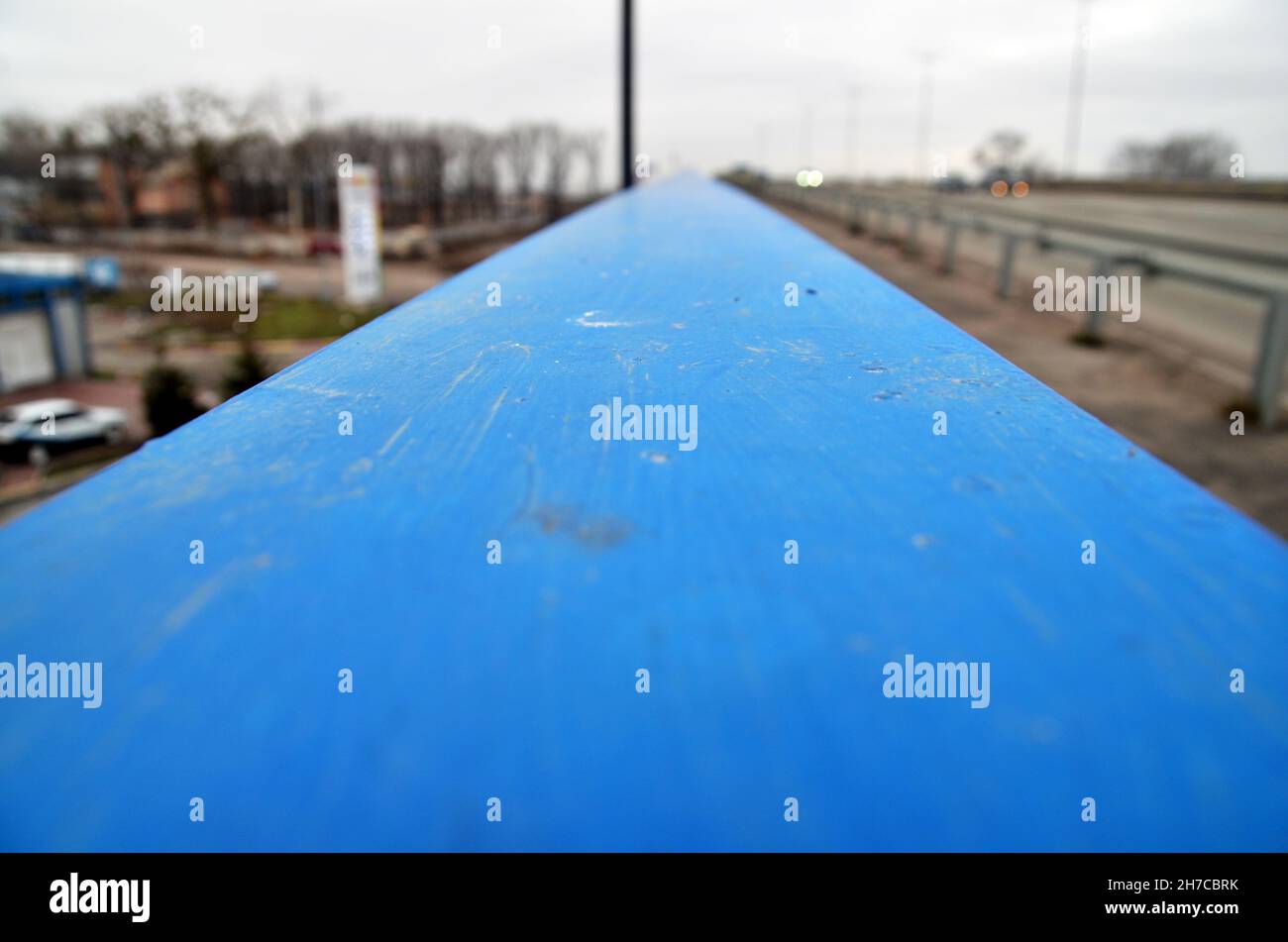 Blue scratchy surface, bridge railing close view Stock Photo