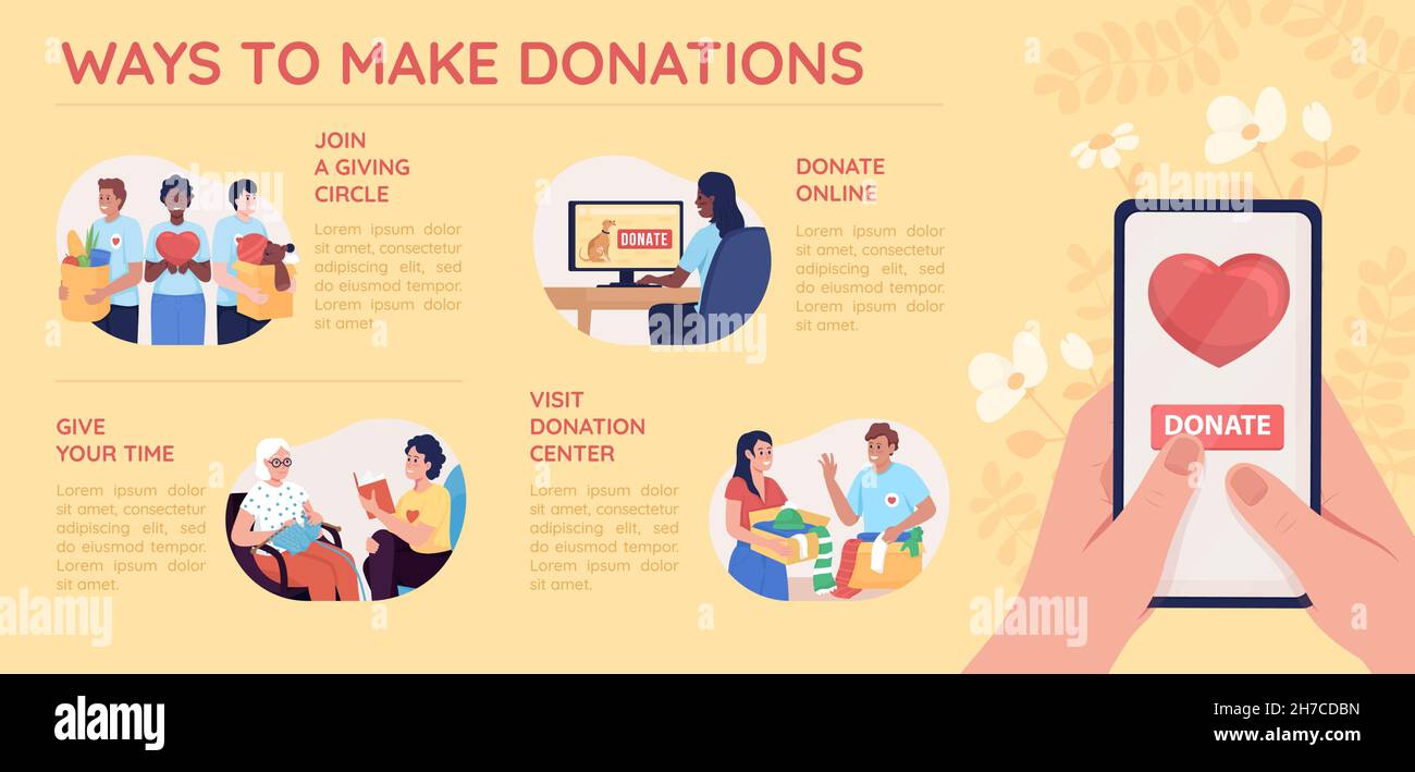 Ways to make donations flat color vector infographic template Stock ...