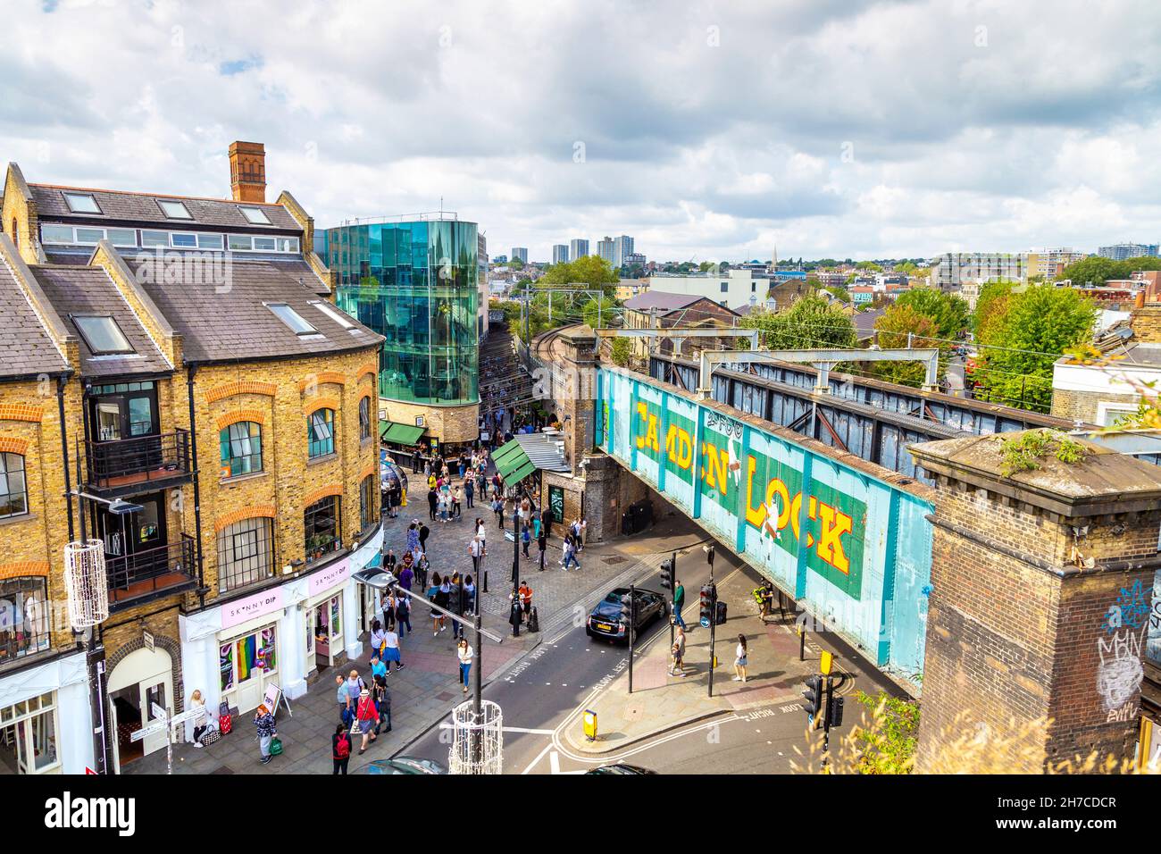 Aerial view of the Camden Lock railway bridge over Chalk Farm Road and entrance to Camden Market, Camden, London, UK Stock Photo