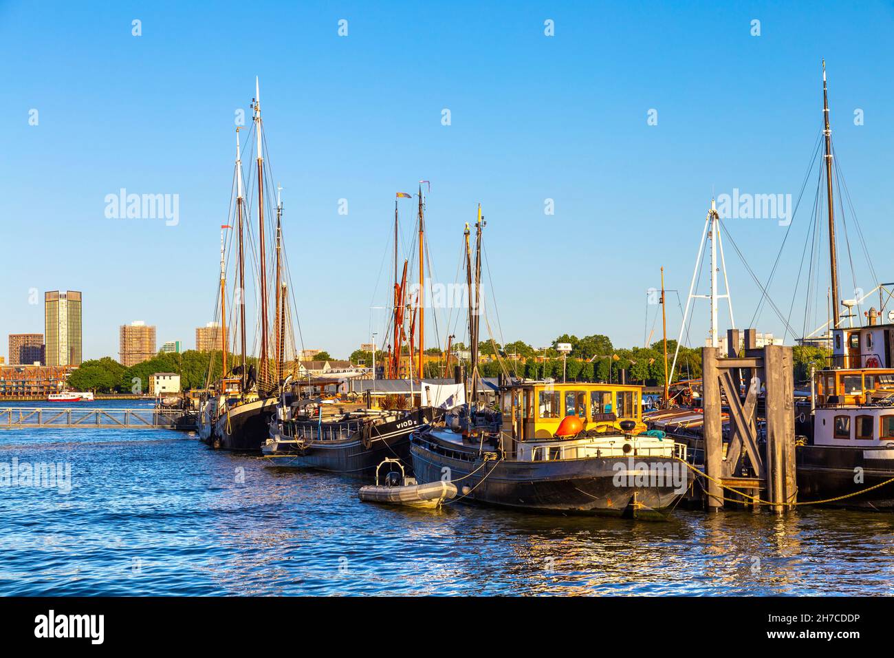 Boats moored at Hermitage Community Moorings on the river Thames in Wapping, London, UK Stock Photo