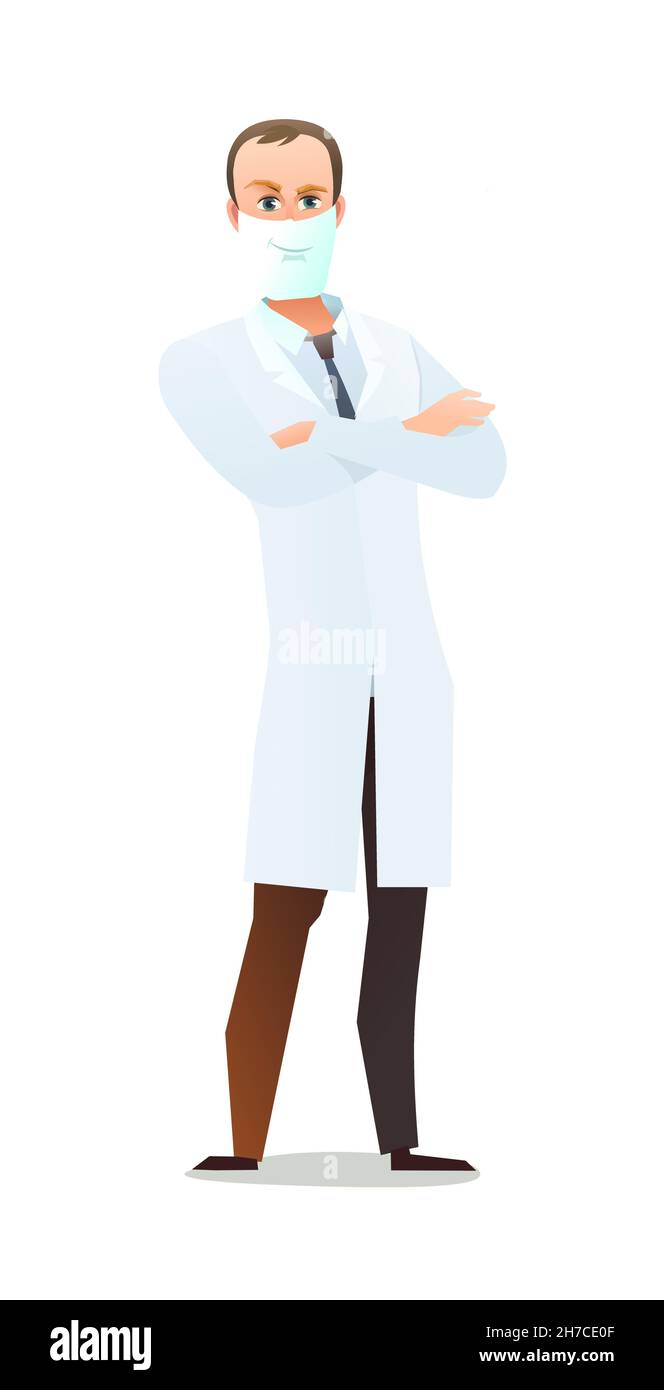 Optimistic doctor in dressing gown and humor mask. Cheerful persons in standing pose. Cartoon comic style flat design. Separate character Stock Vector