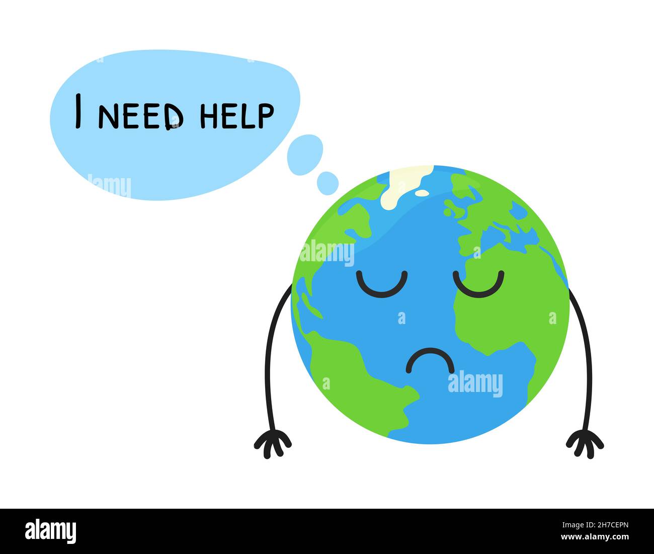 Sad Earth thinking I need help. Cartoon cute planet is sad with hands down. Vector isolated illustration. Stock Vector