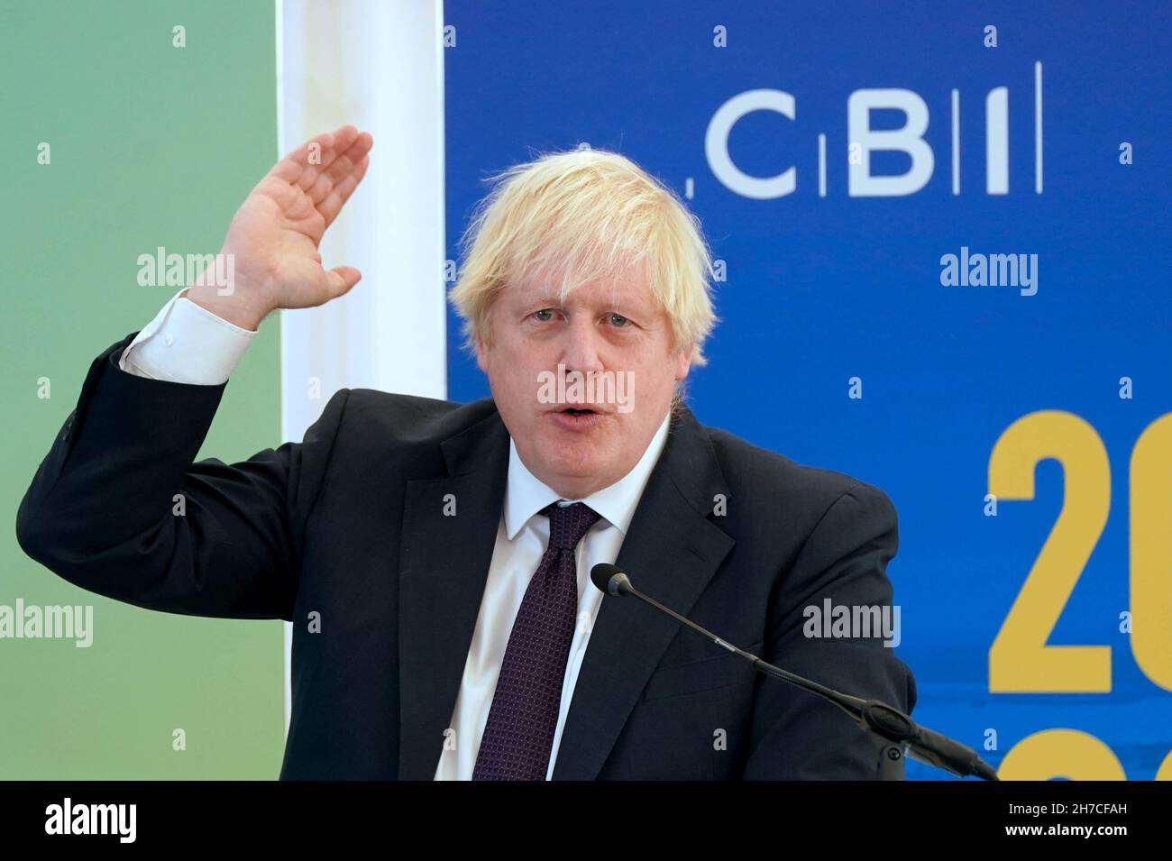 Prime Minister Boris Johnson speaking during the CBI annual conference, at the Port of Tyne, in South Shields. Picture date: Monday November 22, 2021. Stock Photo
