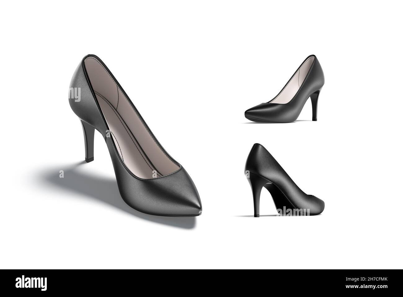 Blsnk black high heels shoes mock up, different views, 3d rendering. Empty casual leather boots with heelpiece mockup, isolated. Clear female spike he Stock Photo