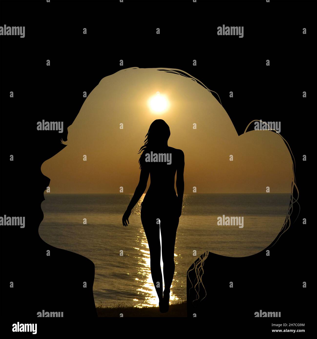Double exposure of a woman head combined with a woman silhouette over a seaside shore at sunrise Stock Photo