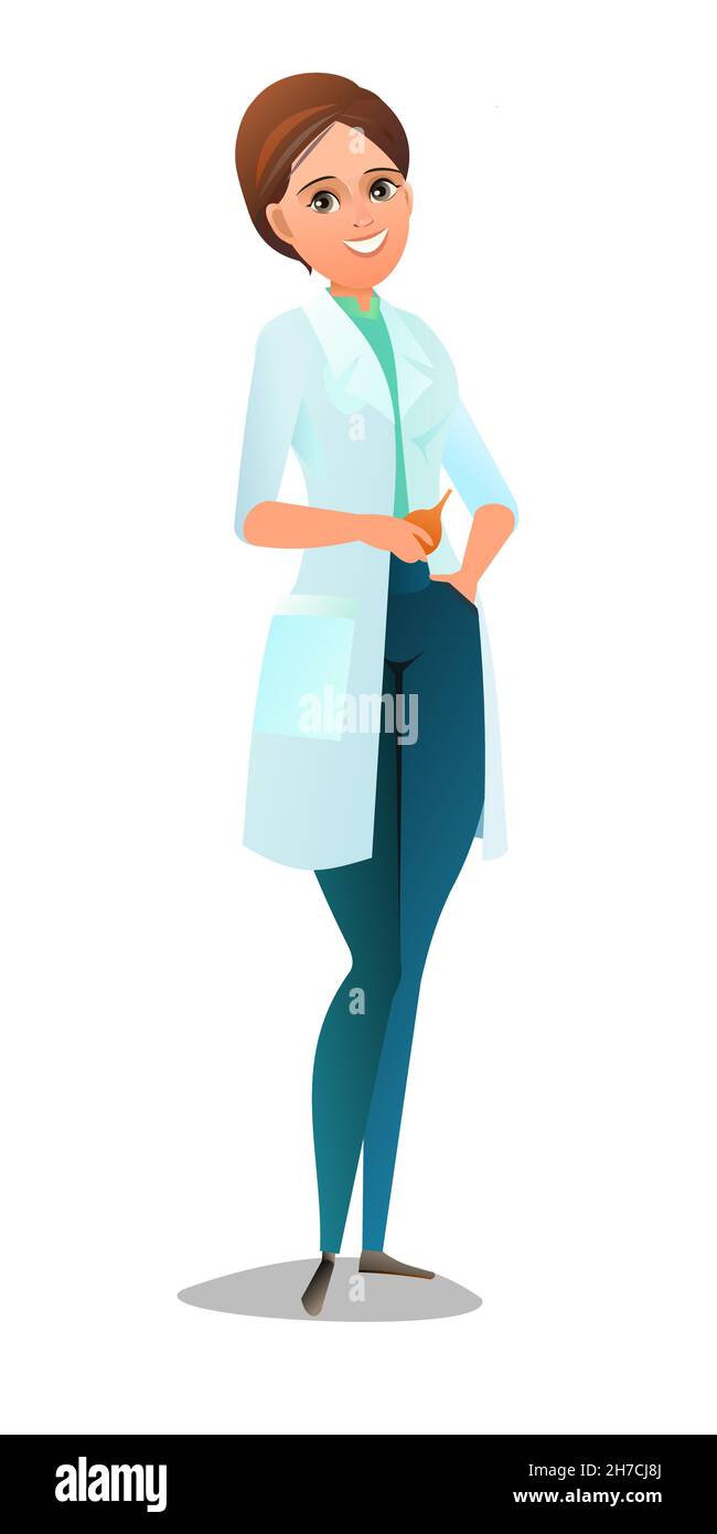 Optimistic woman doctor in dressing gown. Cheerful persons in standing ...