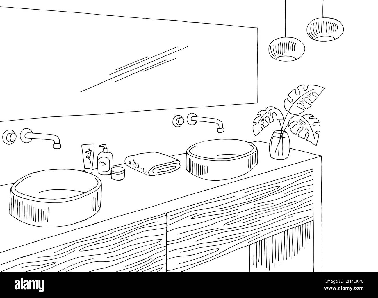 Bathroom graphic home interior black white sketch illustration vector