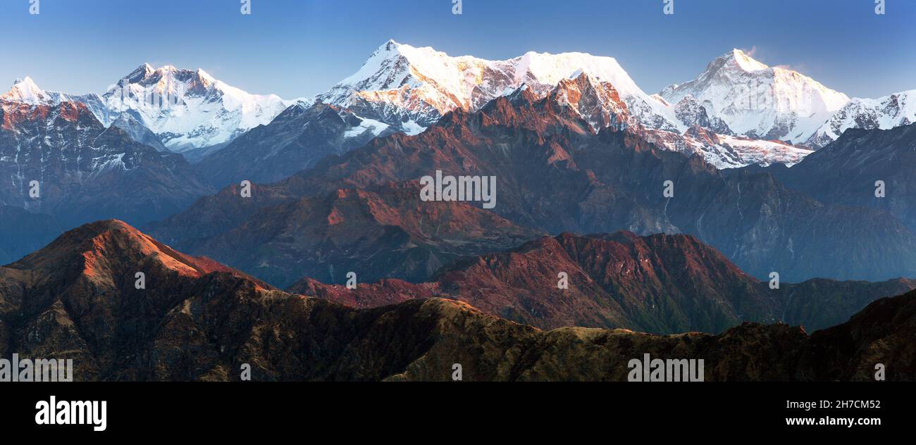 Morning panoramic view from Silijung hill of mounts Everest Lhotse and