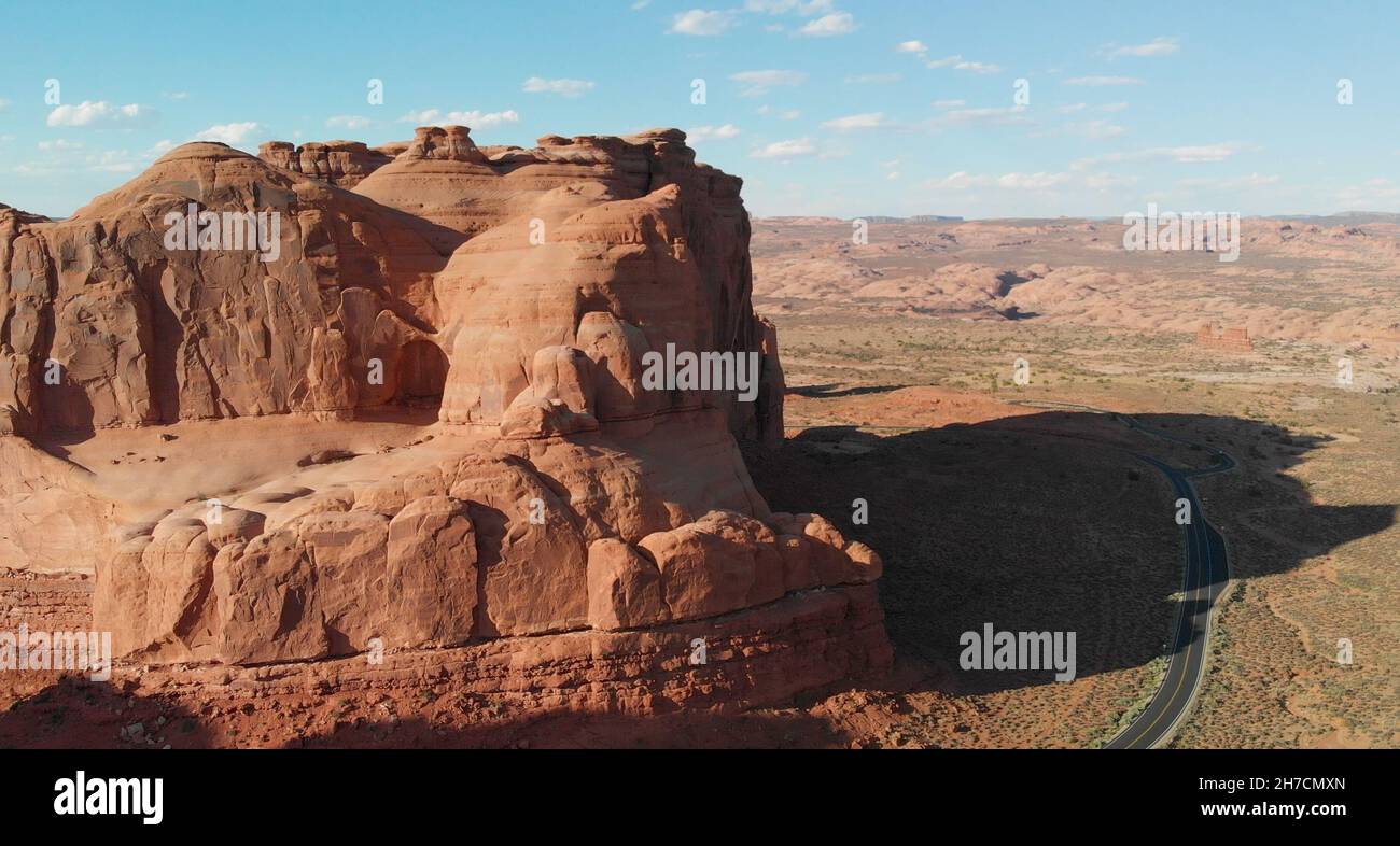Sunset aerial view of Arches National Park from helicopter, Utah. Stock Photo