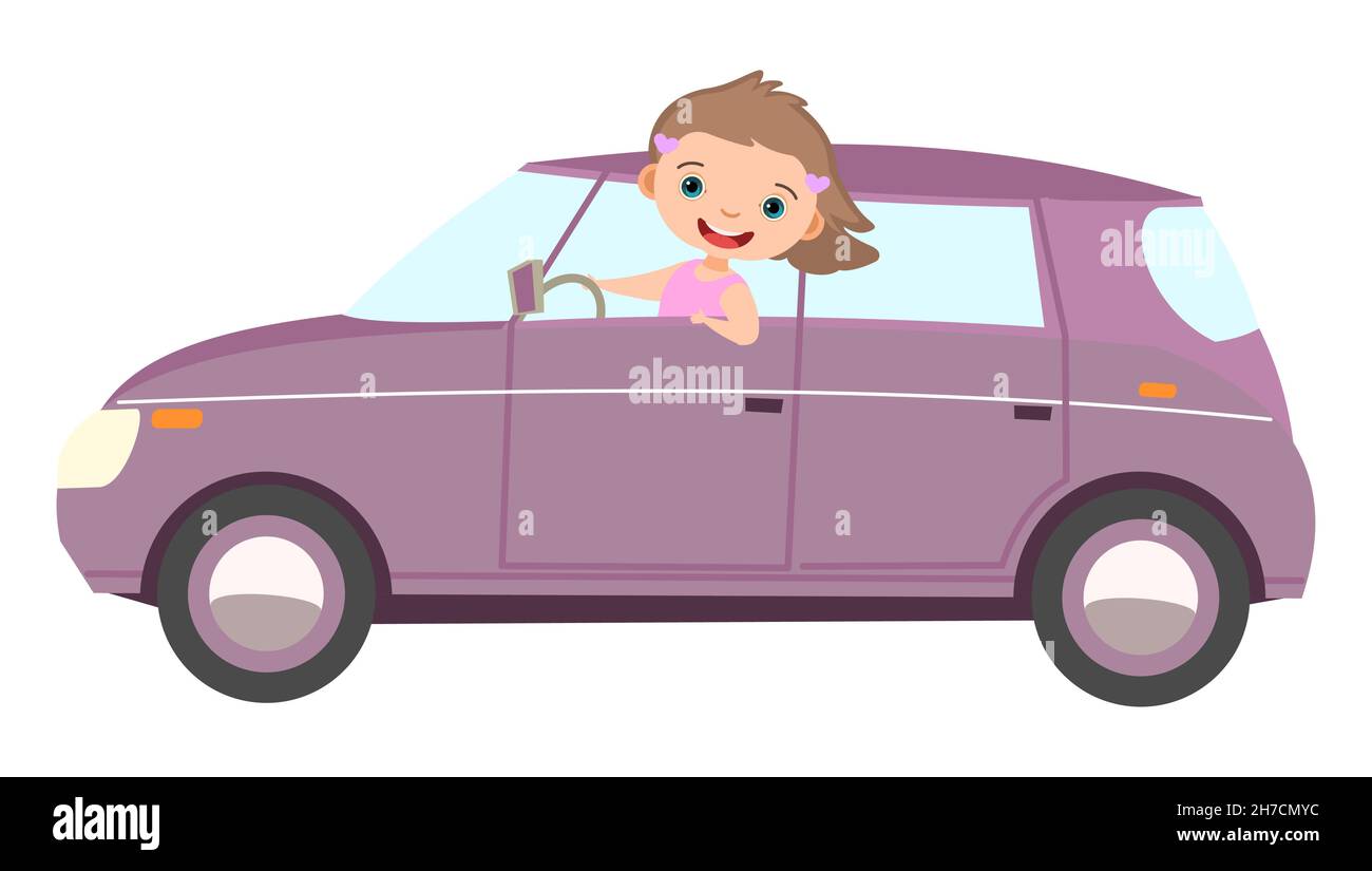 Childrens car. Kid rides on purple modern automobile. Toy vehicle. With a motor. Cute passenger auto. Isolated on white background. Vector Stock Vector