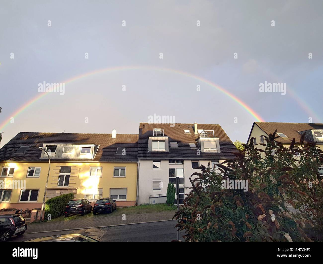 double rainbow over the town, Germany, North Rhine-Westphalia, Ruhr Area, Witten Stock Photo