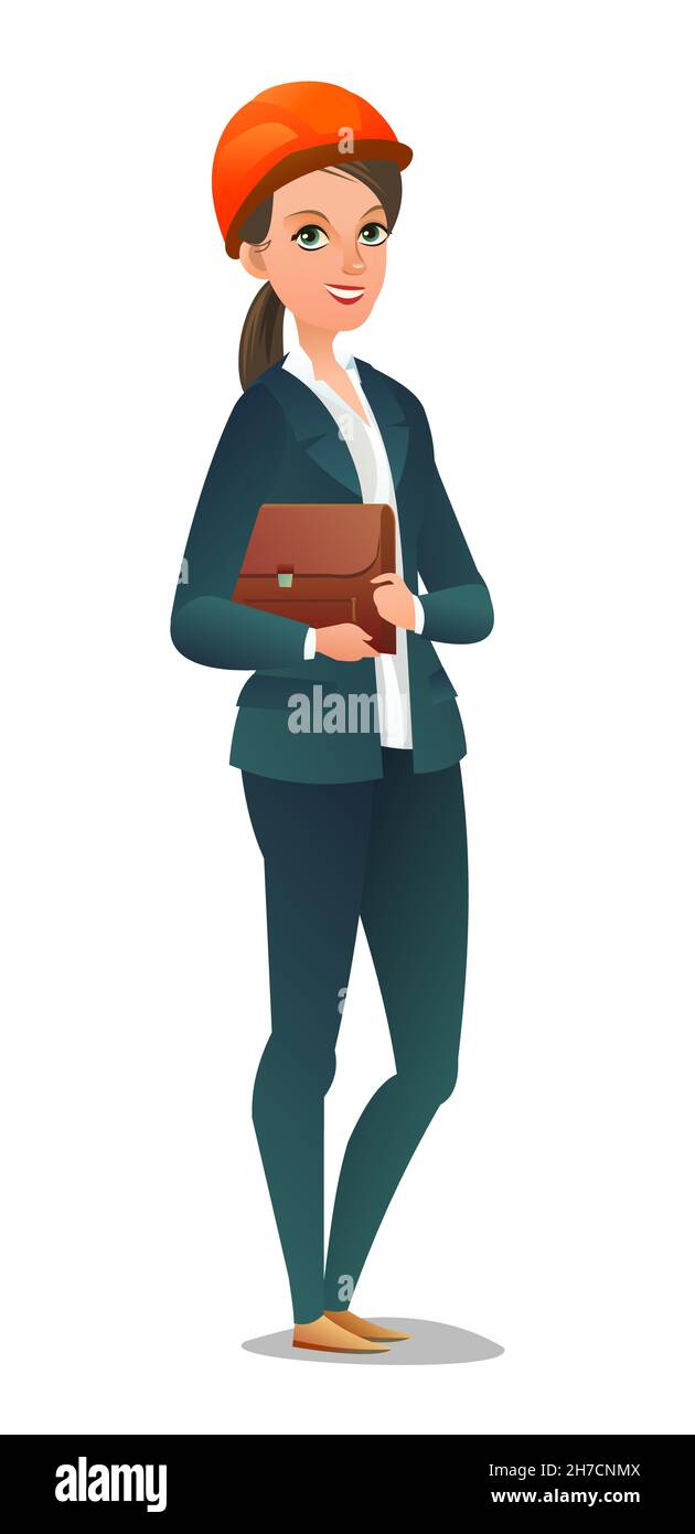 Woman engineer in suit and protective helmet. Office girl at construction site. Cheerful person. Standing pose. Single Character cartoon comic style Stock Vector