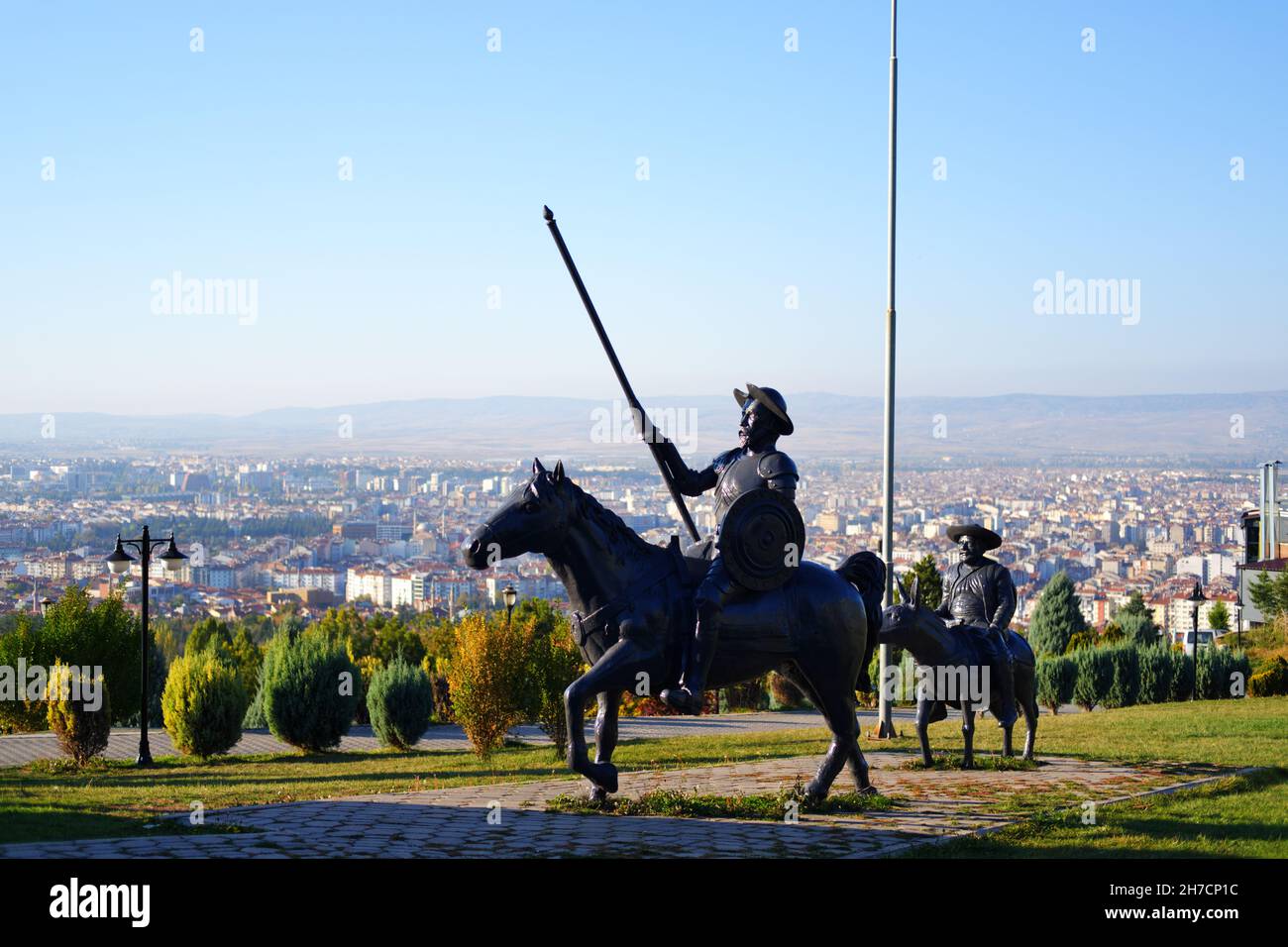 Don Quixote and Sancho Panza statue  outdoor at Selale park Eskisehir Turkey  in a sunny day Stock Photo