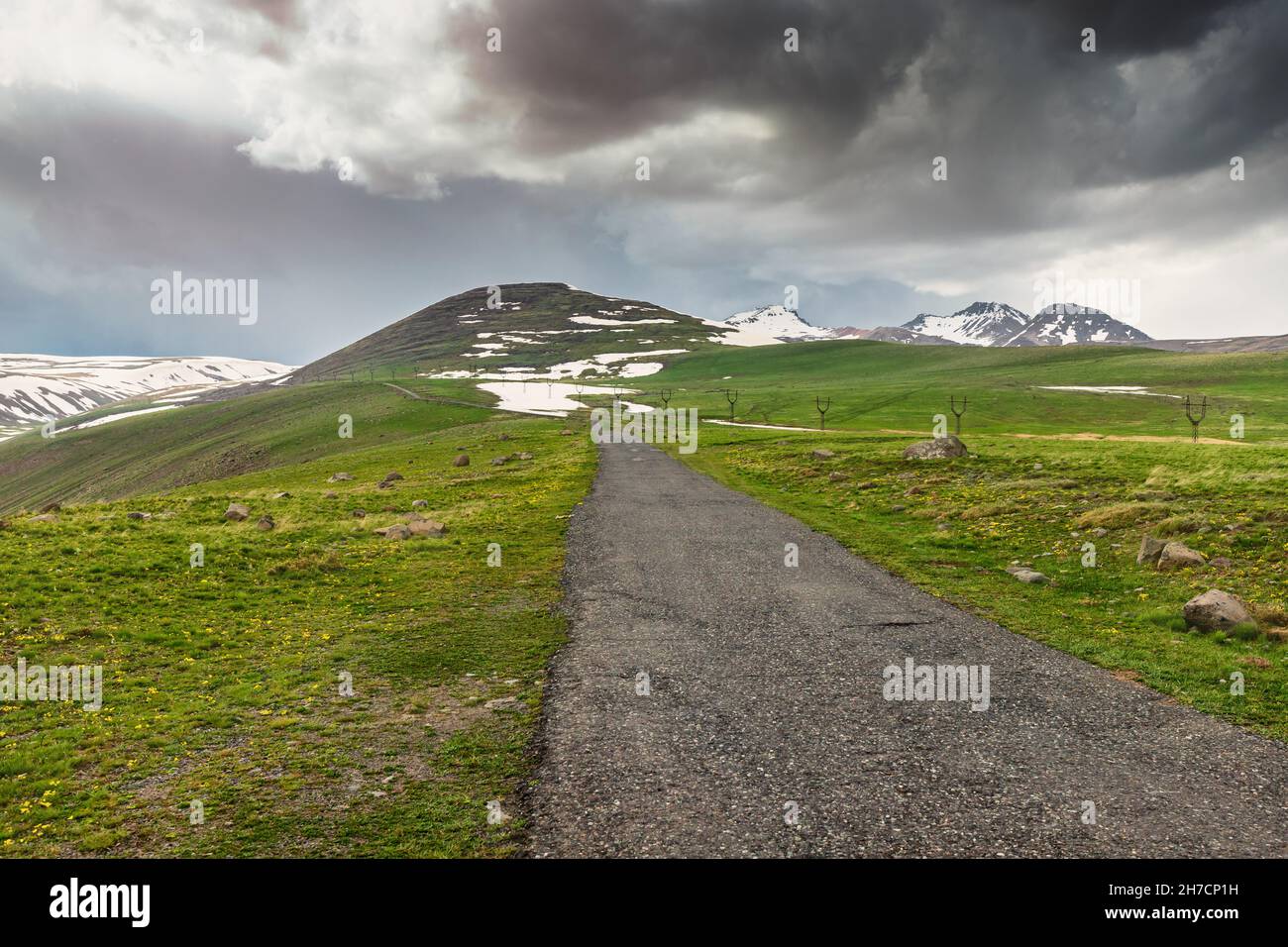 Asphalt road in rough terrain with snowcapped mountains and lush green meadows. The concept of