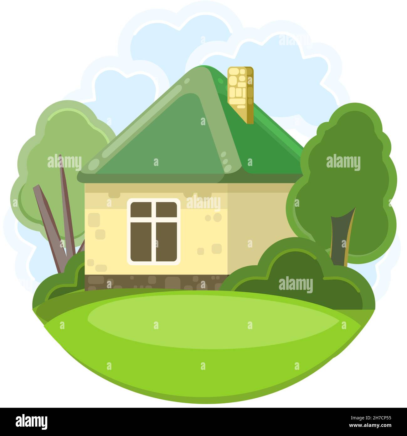 Small country house with yellow walls and green roofs. Funny cartoon style. Country suburban village. Traditional simple architecture. Illustration Stock Vector