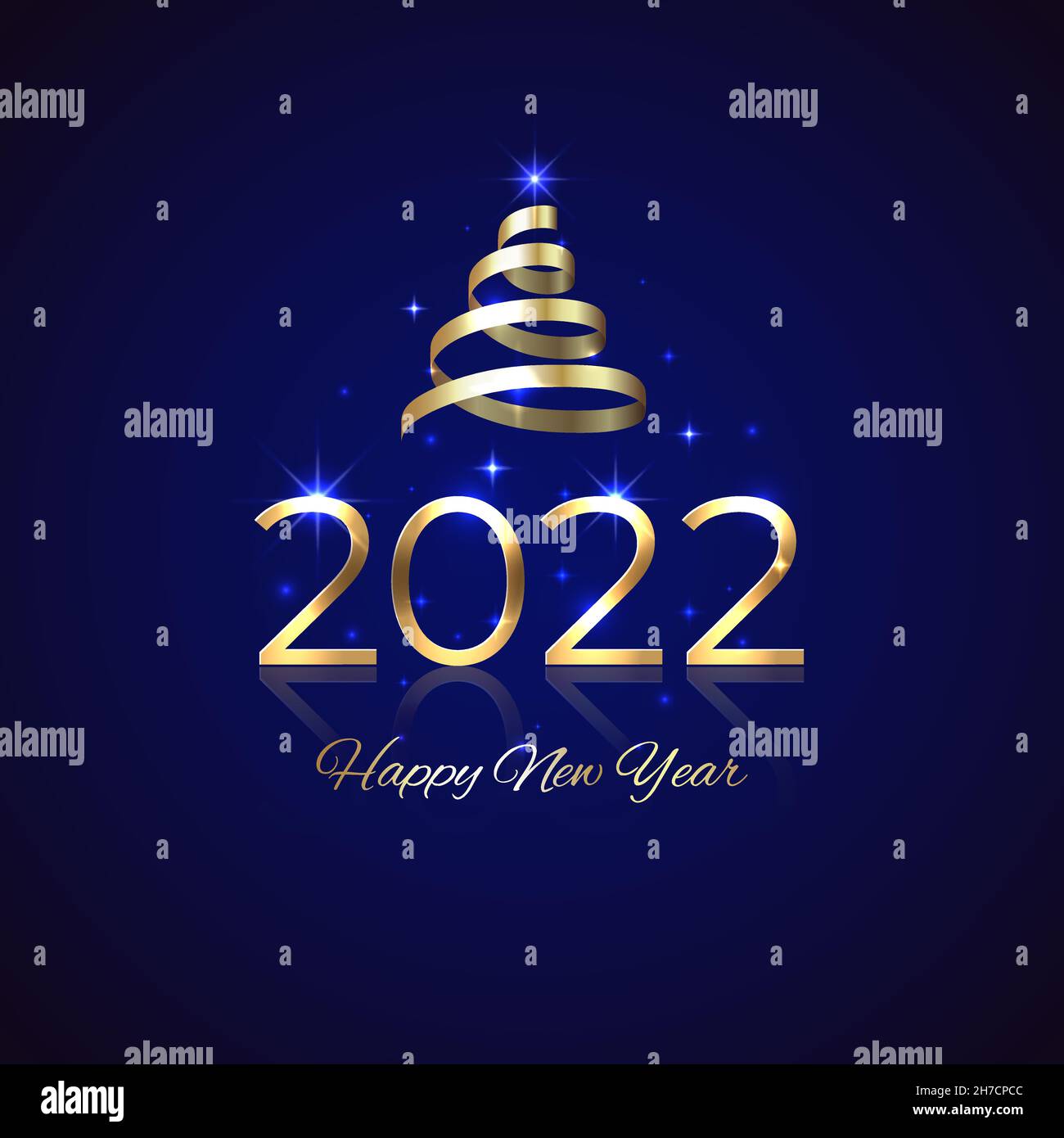 2022 New Year Shiny golden 2022 with ribbon on blue background New