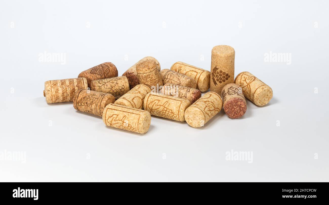 Wine corks close up on white background Stock Photo