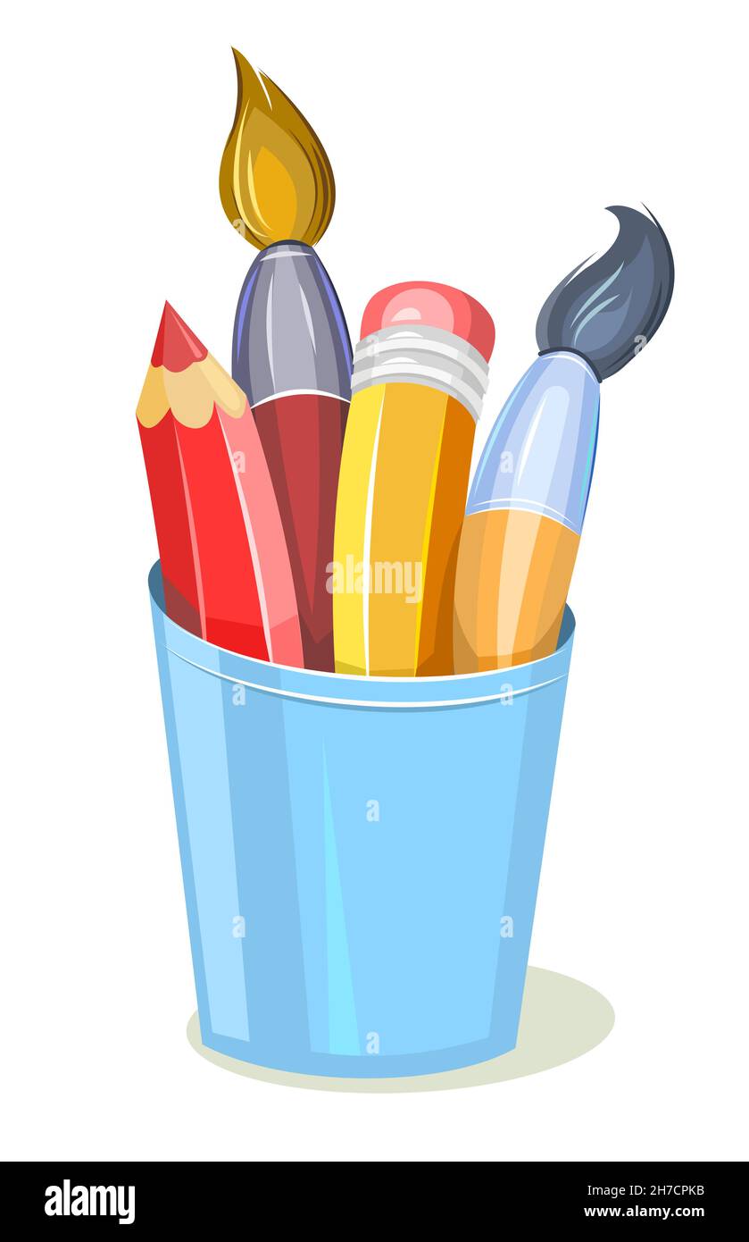 Stationery in a glass. Tools for creativity and drawing. Childrens cute cartoon style. Brushes