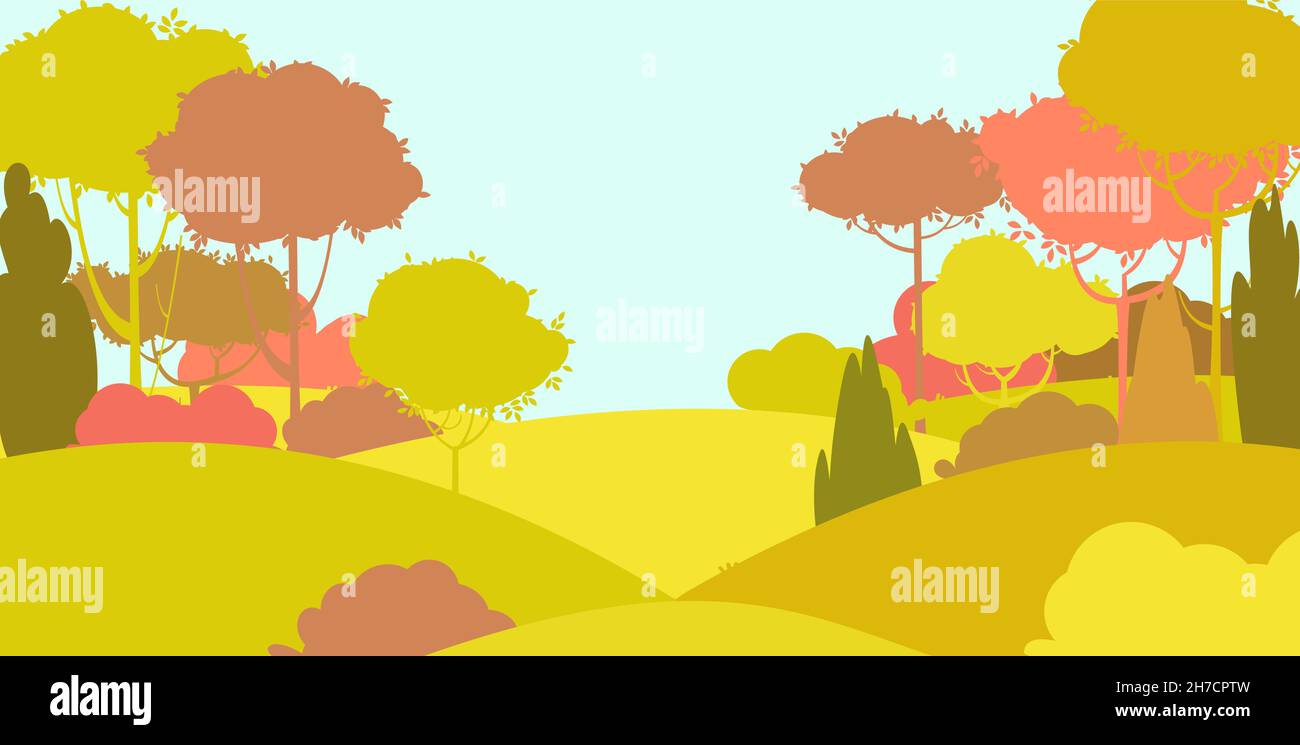 Silhouette autumn landscape. Beautiful scenic plant. Leaves. Cartoon style. Hills with grass and trees. Cool romantic pretty. Flat design background Stock Vector