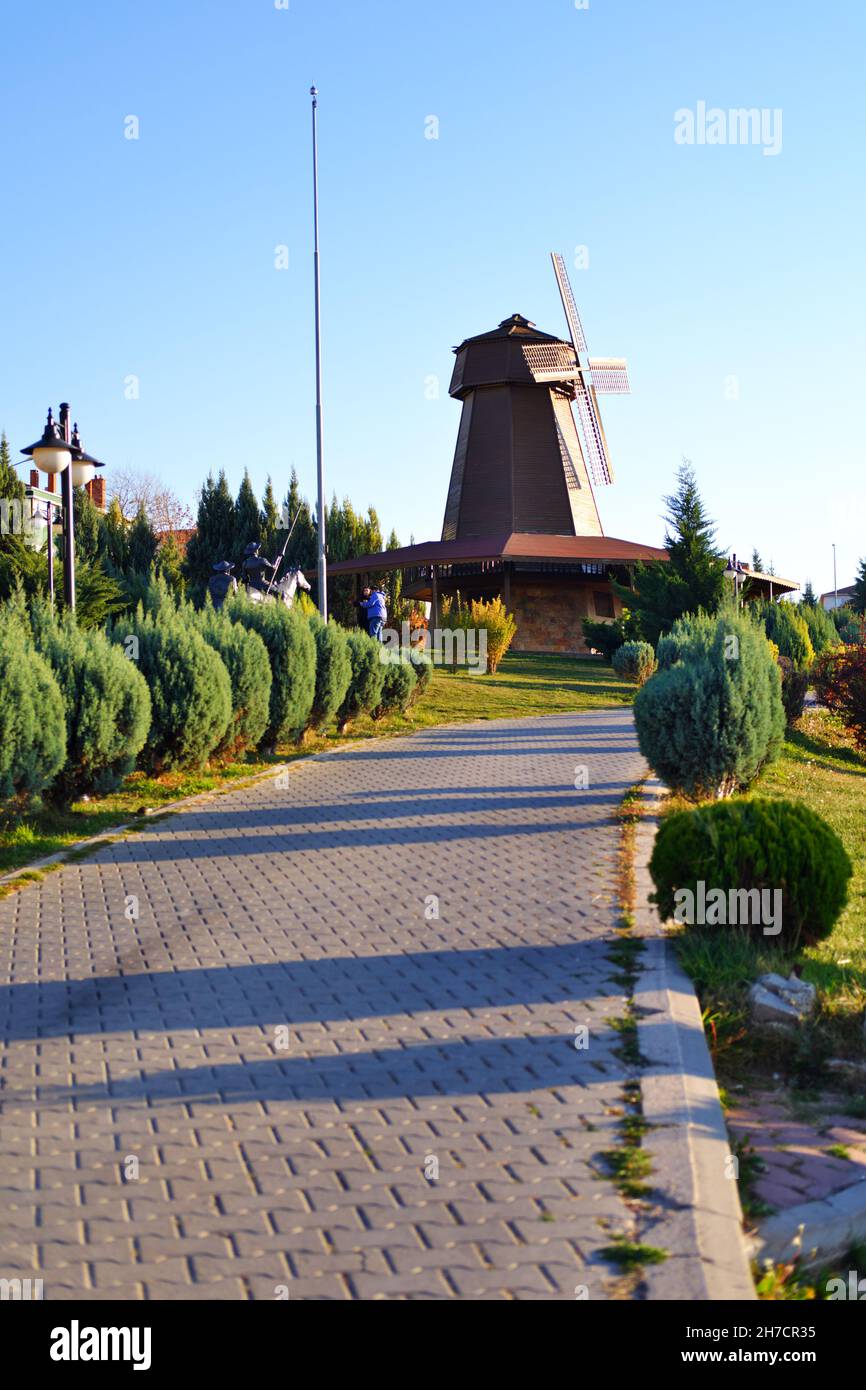Road to wood windmill at hill at Selale Park Eskisehir Turkey Stock Photo
