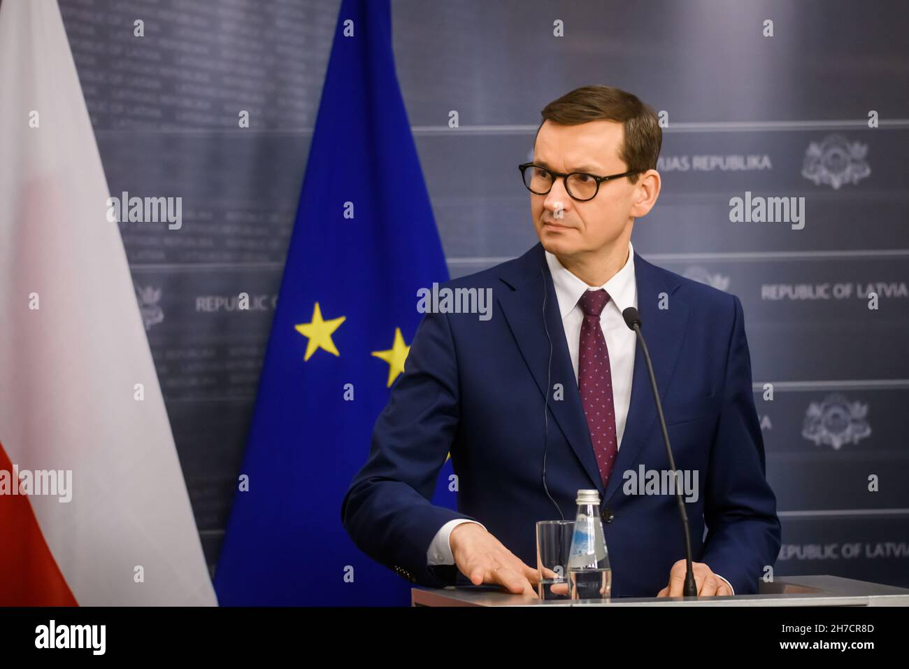 RIGA, LATVIA. 21st November  2021. Mateusz Morawiecki (at photo), Prime Minister of Poland and Krisjanis Karins, Prime Minister of Latvia, during press conference after meeting. Stock Photo