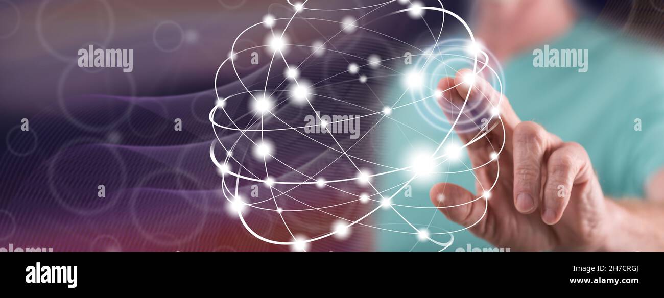 Man touching a global connection concept on a touch screen with his ...